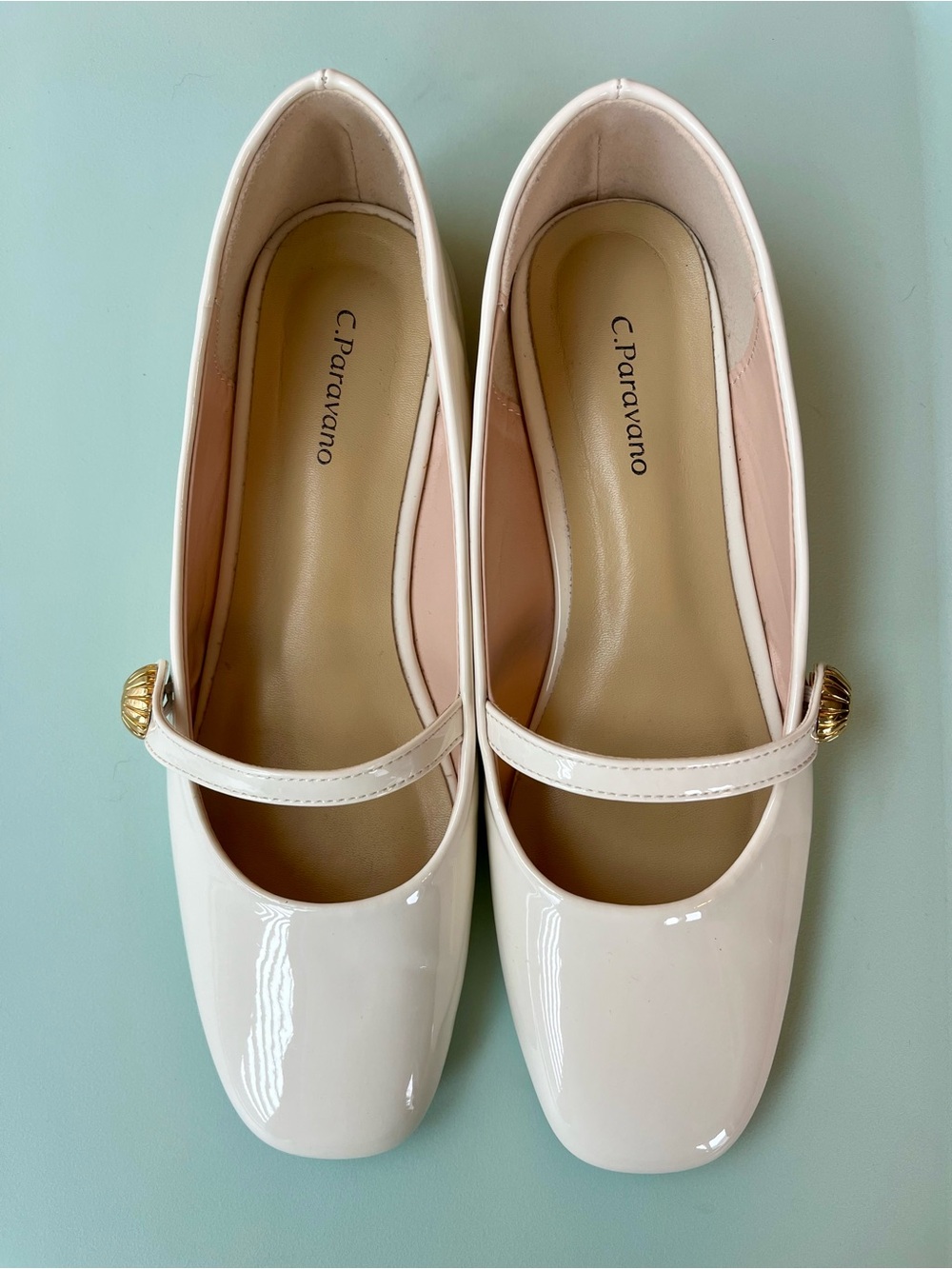 C. Paraviano Cream Patent Mary Jane Flats with Gold Button